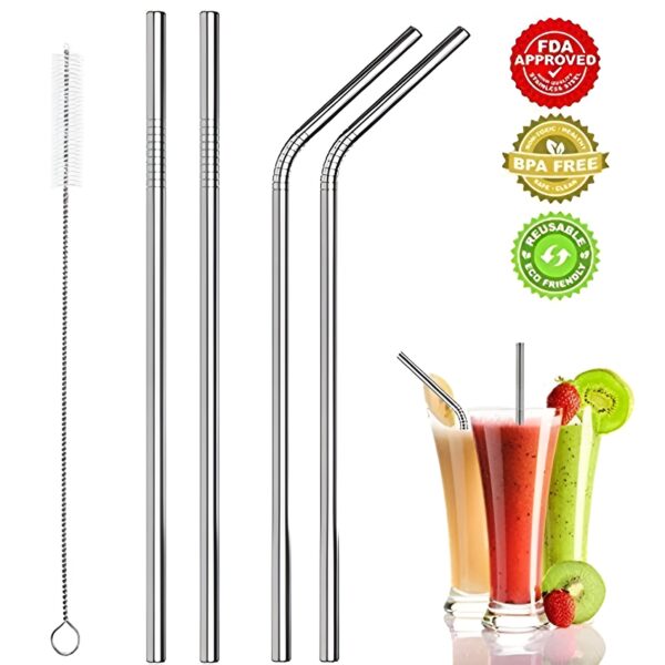 Pack of 4 - Reusable Stainless Steel Metal Straws with Cleaning Brush - Image 3