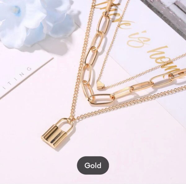 Stylish Necklaces Multi Layer Lover Lock Necklace for Girls, Women, (Golden) - Image 4