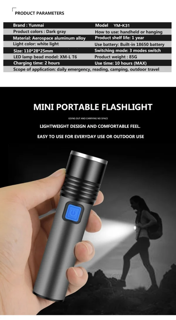 K31 USB Rechargeable LED Flash Light Flashlight - Image 11