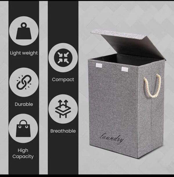 Fabric laundry basket Hamper with lid & Handle | Ideal for Clothes Storage (Random color) - Image 3