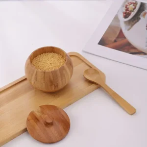 Pure Bamboo Sugar Pot Bowl | Kitchen Ingredients Seasoning Salt Spice Jar with Lid & Spoon
