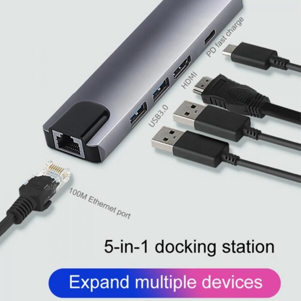 Type C to 5 In 1 HUB (LAN + TYPE-C + HDMI + USB3.0*2)