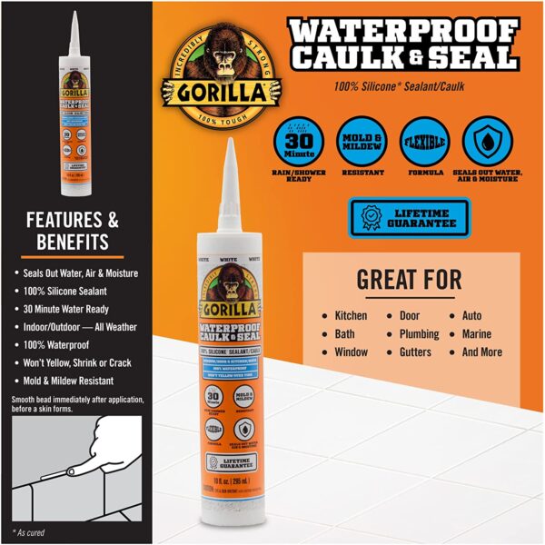 Gorilla Waterproof Caulk & Seal 100% Silicone Sealant 10oz Cartridge White (Pack of 1) - Image 2